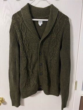 GAP Men's Olive Green Shawl Collar Cable Cardigan